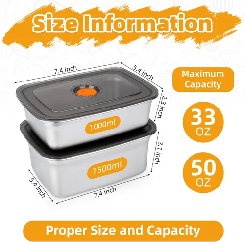 Vista 2 de 2 recipientes de acero inoxidable para almacenamiento de alimentos (50 onzas + 33 onzas) con tapas, a prueba de fugas y herméticos, recipientes