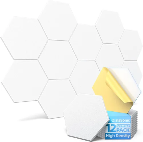 Vista 11 de Paquete de 12 paneles acústicos hexagonales con autoadhesivos, paneles de espuma a prueba de sonido de 12 x 10 x 0.4 pulgadas para paredes, paneles