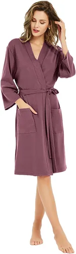 Vista 11 de U2SKIIN Batas para mujer, 100% algodón, ligeras batas con mangas 3/4, kimono de punto, suaves, ropa de casa, bata corta de baño A-algodón gris