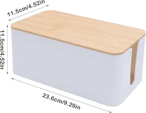 Vista 2 de Caja de ordenamiento de cables blanco con tapa de bambú, organizador de cables, caja de gestión de cables para ocultar cables y enchufes