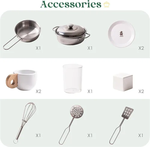 Vista 4 de ROBUD Juego de Cocina de Juguete, Cocina de Madera con Máquina de Hielo, Refrigerador, Cafetera, Horno, Lavavajillas, Microondas, Accesorios