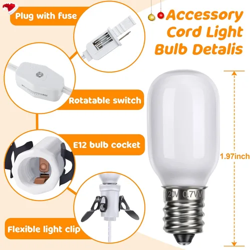 Vista 7 de Meonum Paquete de 2 Cables de Accesorios con 6 Bombillas LED T20, Luz de Molde Soplado para Interiores Blanco Cálido con Interruptor, Luz E12