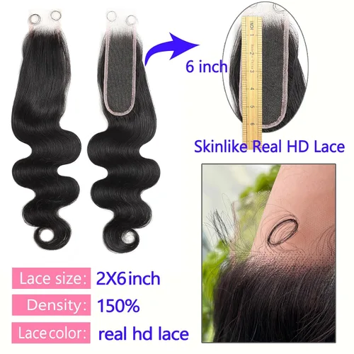 Vista 2 de Encaje frontal HD real de 2 x 6 pulgadas, ondulado, 0.004 in, extremadamente fino, cierre de encaje de cristal HD, línea capilar súper natural