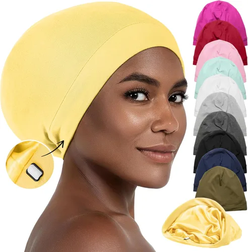 Vista 15 de CAPLORD Gorro de satén para dormir, envoltura de pelo rizado para hombres, gorros de seda ajustables para mujeres, gorro de seda para el cabello
