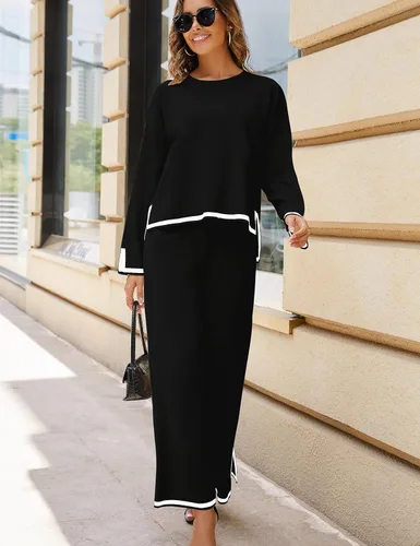 Vista 3 de Tanming Conjuntos de 2 piezas para mujer, suéter de punto de manga larga, pantalones de pierna ancha, conjuntos de ropa deportiva