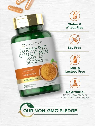 Vista 5 de Carlyle Suplemento de curcumina de cúrcuma con pimienta negra 3000 mg 90 cápsulas Extracto complejo con bioperina Sin OMG, sin gluten