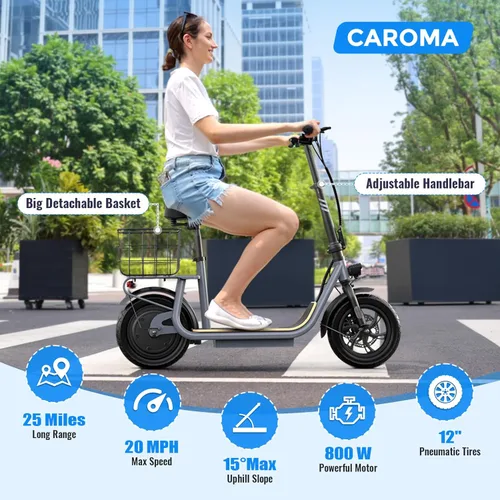 Vista 94 de Caroma Electric Scooter with Seat, Max 30 Miles Range&20MPH Speed, Peak 800/1200W Motor, Foldable Electric Scooter for Adults and Teens, Commuter E