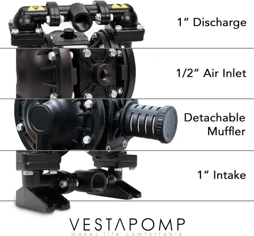 Vista 6 de Vestapomp Bomba de diafragma operada por aire, nueva versión, bomba de diafragma de aire, aceite residual AODD, doble transferencia neumática