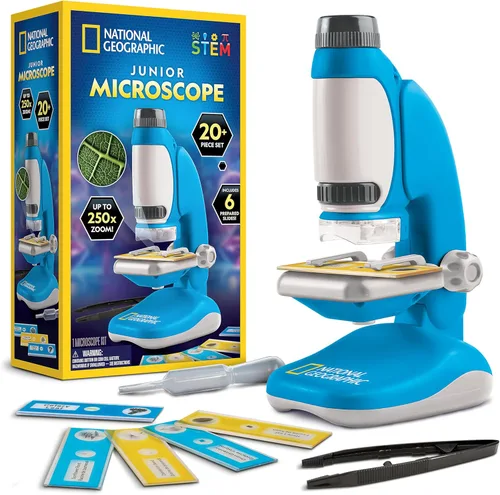 National Geographic - Microscopio junior para niños, el kit incluye un mini accesorio de mano de aumento de hasta 250x, 12 portaobjetos, guía de