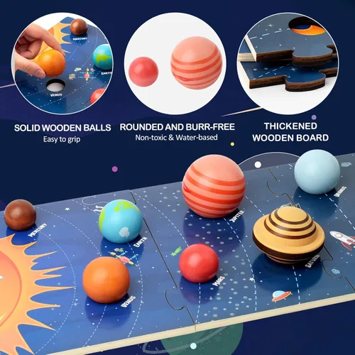 Vista 2 de Tabla de modelo de sistema solar de madera, juguetes Montessori Planetas, rompecabezas de ciencia, aprendizaje espacial STEM para niños de 4 a 8
