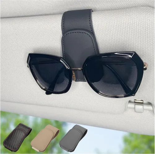 Vista 10 de CHOSMOYI Soporte magnético de cuero para lentes de sol para automóvil, clip de gafas de sol para visera de automóvil, accesorios interiores Beige
