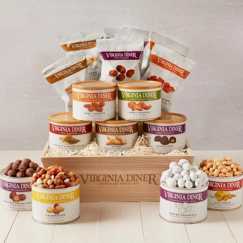 Virginia Diner Juego de regalo hecho a mano en caja de madera, 9 nueces surtidas, mezclas y chocolates, más de 6 libras