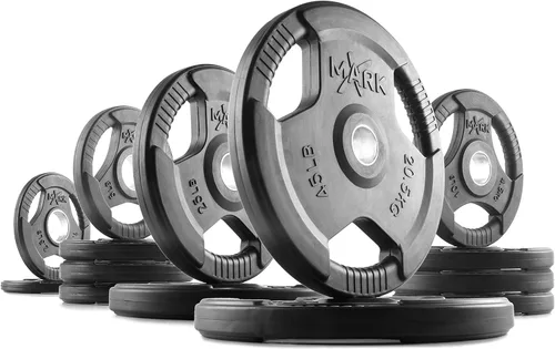 Vista 8 de XMARK TRI-GRIP - Par o juego de discos de peso olímpicos, pesas de ejercicio con revestimiento de goma para barra olímpica, juego de pesas