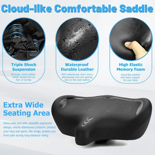 Vista 3 de CDYWD Oversized Bike Seat for Men & Women Comfort, Extra Wide Bicycle Seat Cushion, Comfortable Wing Padded, Large Replacement Saddle for Peloton