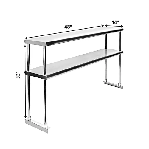 Vista 2 de Express KitchQuip Estante doble de acero inoxidable resistente con certificación NSF de calibre 18 con soportes para cocinas, cuartos de servicio