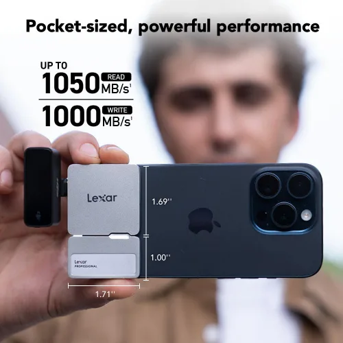 Vista 2 de Lexar SSD portátil profesional Go de 2 TB con concentrador, compatible con Apple 4K 60fps ProRes, hasta 1050 MB/s, USB 3.2, resistente, IP65