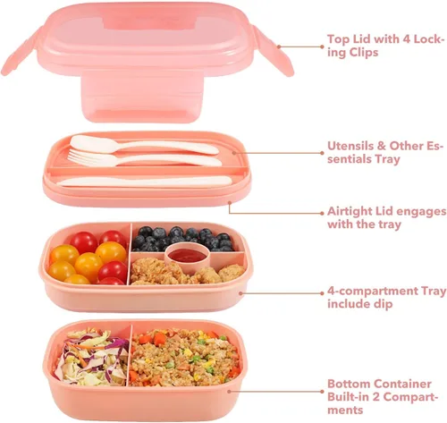 Vista 4 de Lonchera apilable Bento para adultos, gran capacidad de 55 onzas, para 3 capas, contenedores de almuerzo todo en uno con múltiples compartimentos