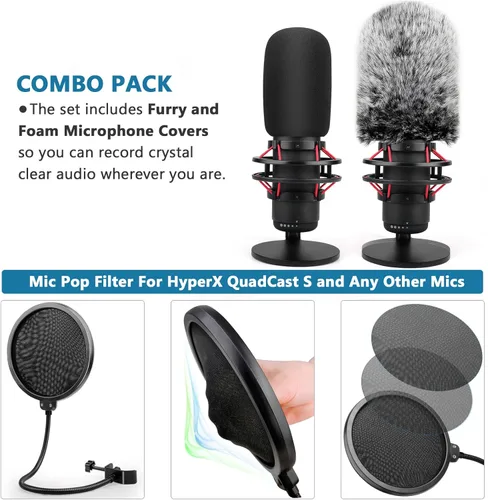 Vista 3 de ChromLives - Filtro Pop Pop para Hyperx Quadcast, 3 en 1, Quadcast S Mic Pop + Parabrisas peludo + cubierta de micrófono de espuma para micrófono