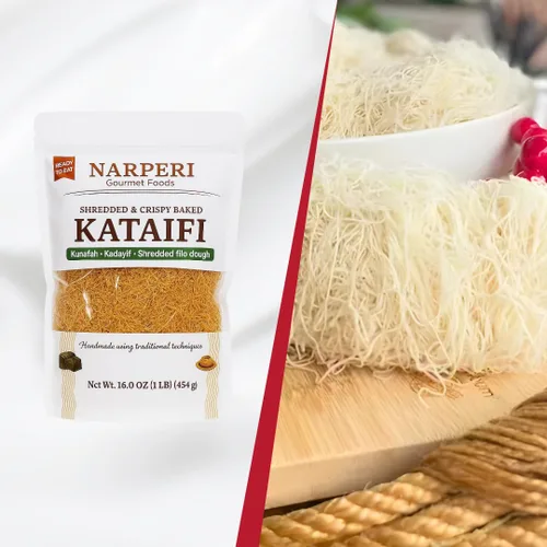 Vista 3 de Narperi Gourmet Kataifi - Masa filo rallada, 1 libra de pasta crujiente Kataifi, vegana lista para comer, postre tradicional de Oriente Medio