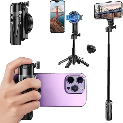 4 in 1 Multifunctional Magnetic Selfie Stick Tripod for iPhone & Android, Bluetooth Remote, Clamp & Magnetic Phone Holder, 360° Rotation Portable