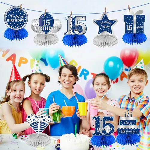 Vista 11 de Kauayurk - 8 centros de mesa de panal azul plateado para décimo cumpleaños de niños, suministros de fiesta de cumpleaños para decoración de mesa