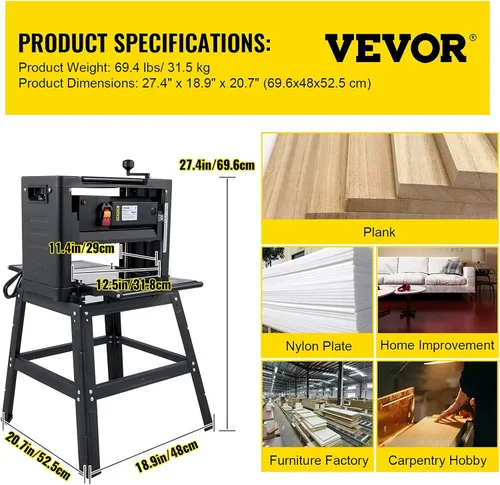 Vista 7 de VEVOR Cepilladora de Espesor de 12.5 Pulgadas, Cepilladora de Madera Plegable de 1500W, Carpintería, Velocidad de Alimentación de 315"/min, Cortador