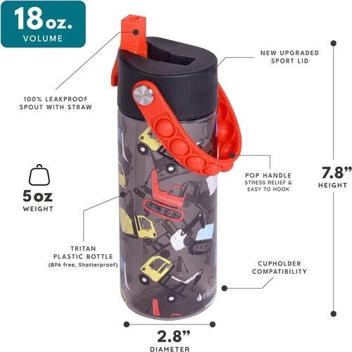 Vista 211 de Elemental Botellas de agua para niños – Botella de agua para niños Splash para la escuela con mango Pop-it – Botella de agua de plástico Tritan sin
