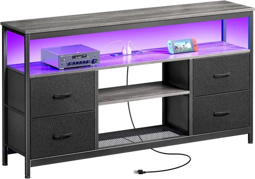 Vista 14 de Huuger - Soporte de TV de 47 pulgadas con tomacorrientes y luces LED, cómoda de tela para dormitorio con almacenamiento, centro de entretenimiento
