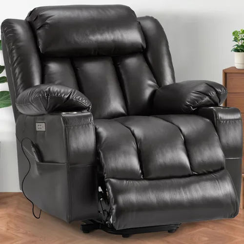 Power Lift Sillón Reclinable de Cuero con Masaje y Calor, Silla Lazy Boy con Portavasos, Puertos USB y Tipo C, Control Remoto (Negro)