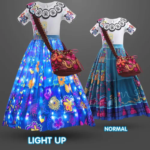 Vista 3 de UPORPOR Disfraz de Mirabel Isabella con luz para niña de Encanto para cumpleaños de 2 a 10 años