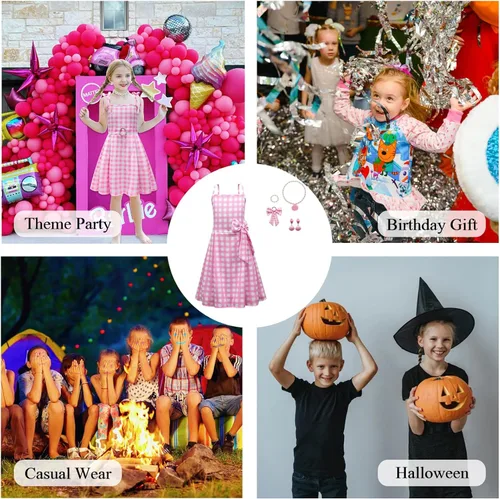 Vista 6 de ROSEZUZU Vestido de disfraz para niñas de la película 2023 con accesorios, talla 4-10 años