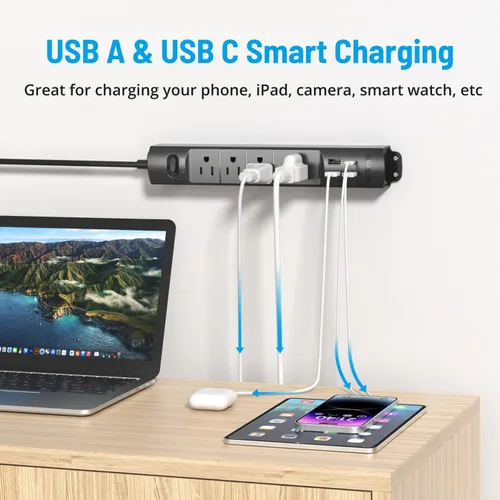 Vista 7 de TROND - Regleta de alimentación de enchufe plano - Cable de extensión ultrafino de 5 pies con 6 tomas amplias y 3 puertos USB (1 USB C) + cable