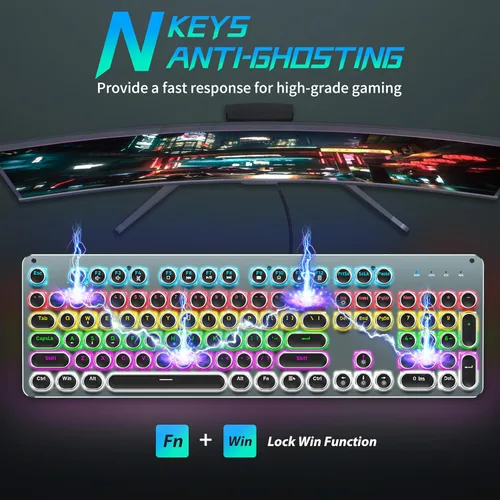 Vista 7 de Teclado mecánico y mouse para juegos de máquina de escribir, panel de metal retro con tecla redonda interruptor azul, retroiluminación RGB de 104