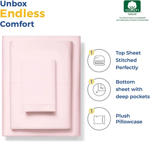 Vista 3 de THREAD SPREAD Hotel Collection - Juego de sábanas de 600 hilos de algodón egipcio, satinado, 4 piezas, Blush, gemelo