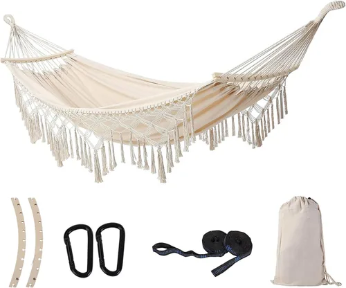 Hamaca Colgante Columpio Doble Máximo 500 libras Macramé para Interiores y Exteriores, Patio, Jardín (Beige)
