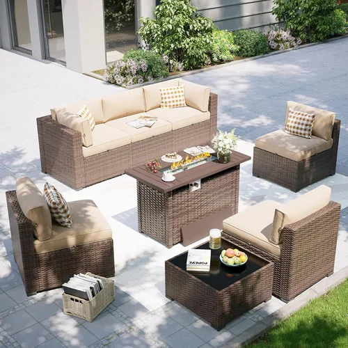 Vista 18 de Aoxun Juego de muebles de patio, 7 piezas de sofás modulares para exteriores con funda impermeable, muebles de mimbre para exteriores, juego