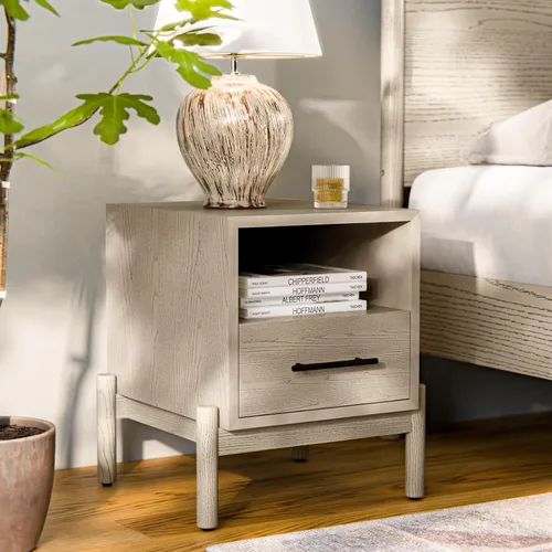 Bme Lyra Mesita de noche, mesa auxiliar de madera maciza, fácil montaje, con 2 cajones de almacenamiento para sala de estar y dormitorio, moderna de