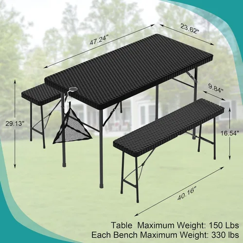 Vista 2 de VECELO Mesa de picnic plegable de 3 piezas con 2 bancos, juego de patio de ratán sintético de 47.2 pulgadas con bolsa de malla, resistente al calor