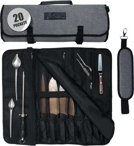 Vista 7 de Asaya Bolsa enrollable para cuchillos de chef, 20 bolsillos en total para cuchillos y utensilios de cocina, fabricada con nailon encerado resistente