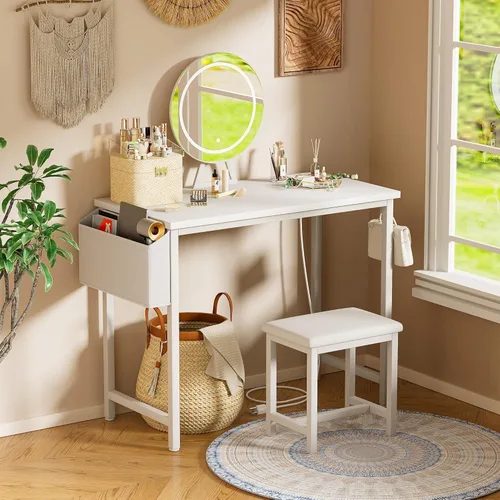 Vista 7 de Set de tocador económico para maquillaje para niñas con espejo y taburete y luces y toma de corriente, mesa de tocador blanca con silla, tocadores