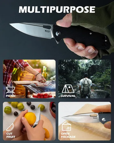 Vista 4 de Rush Deer Cuchillo de bolsillo, cuchillo plegable con clip, cuchillo EDC para senderismo, camping, pesca, trabajo al aire libre (negro y plateado)