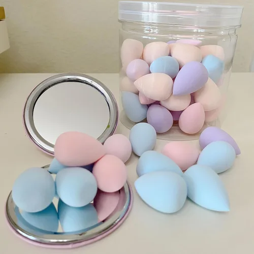 Vista 2 de 50 mini esponjas de maquillaje pequeñas y soplete de polvo con espejo de maquillaje, licuadora de belleza multicolor, esponja de maquillaje