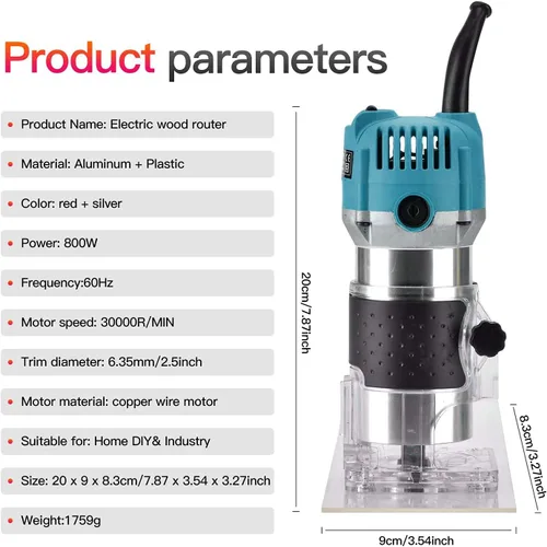 Vista 8 de Herramienta de enrutador de palma de madera compacta, recortadora de mano, carpintería, herramienta de palmming de corte 30000R/MIN 800W 110V