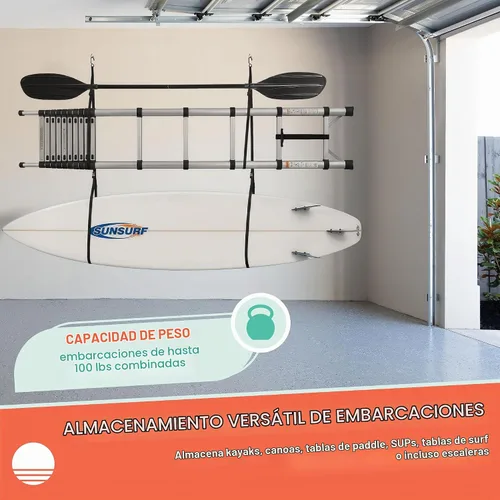 Vista 6 de Kayak Rack -Capacity Wall or Ceiling Storage Straps for Surfboards, Paddleboards, SUP, or Canoe - Adjustable Kayak Hanger by RAD Sportz