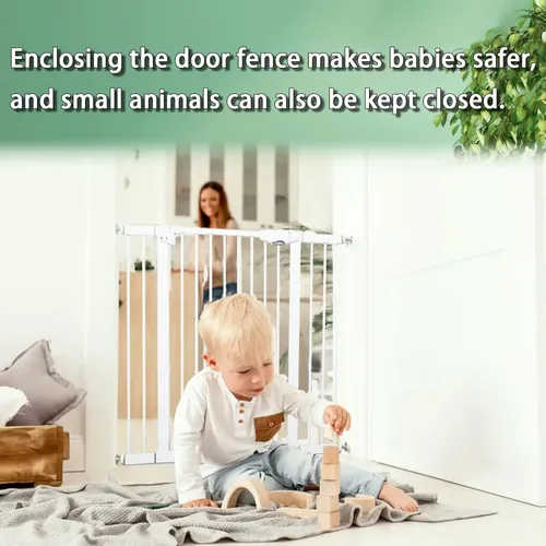 Vista 6 de Puerta de metal para bebé, puerta para perros de 85.6 a 105.2 pulgadas, cierre automático, puerta extra ancha para mascotas para escaleras, puertas