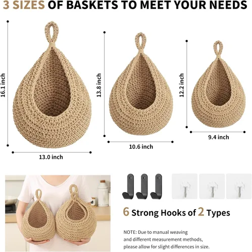 Vista 4 de Canastas colgantes de frutas boho para pared de cocina, paquete de 3, contenedor tejido para productos con 6 piezas de ganchos fuertes, cesta