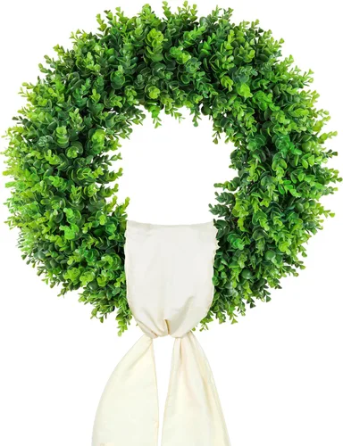 Vista 9 de DDHS Corona de boj de 18 pulgadas para puerta principal – Corona artificial verde de casa de campo, decoración DIY para primavera, verano, otoño e