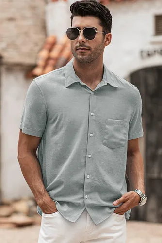 Vista 86 de JMIERR Camisas de vestir a rayas con botones y manga corta para hombre