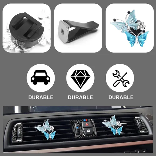 Vista 4 de 2 piezas de ambientadores de coche con clips de ventilación de doble mariposa con diamantes, bonitos clips de ventilación de doble mariposa, clip