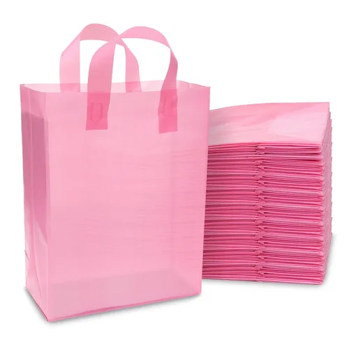 Vista 10 de Prime Line Packaging Bolsas de regalo rosadas, bolsas de tote de plástico esmerilado con asas para pequeñas empresas, golosinas, compras, cumpleaños